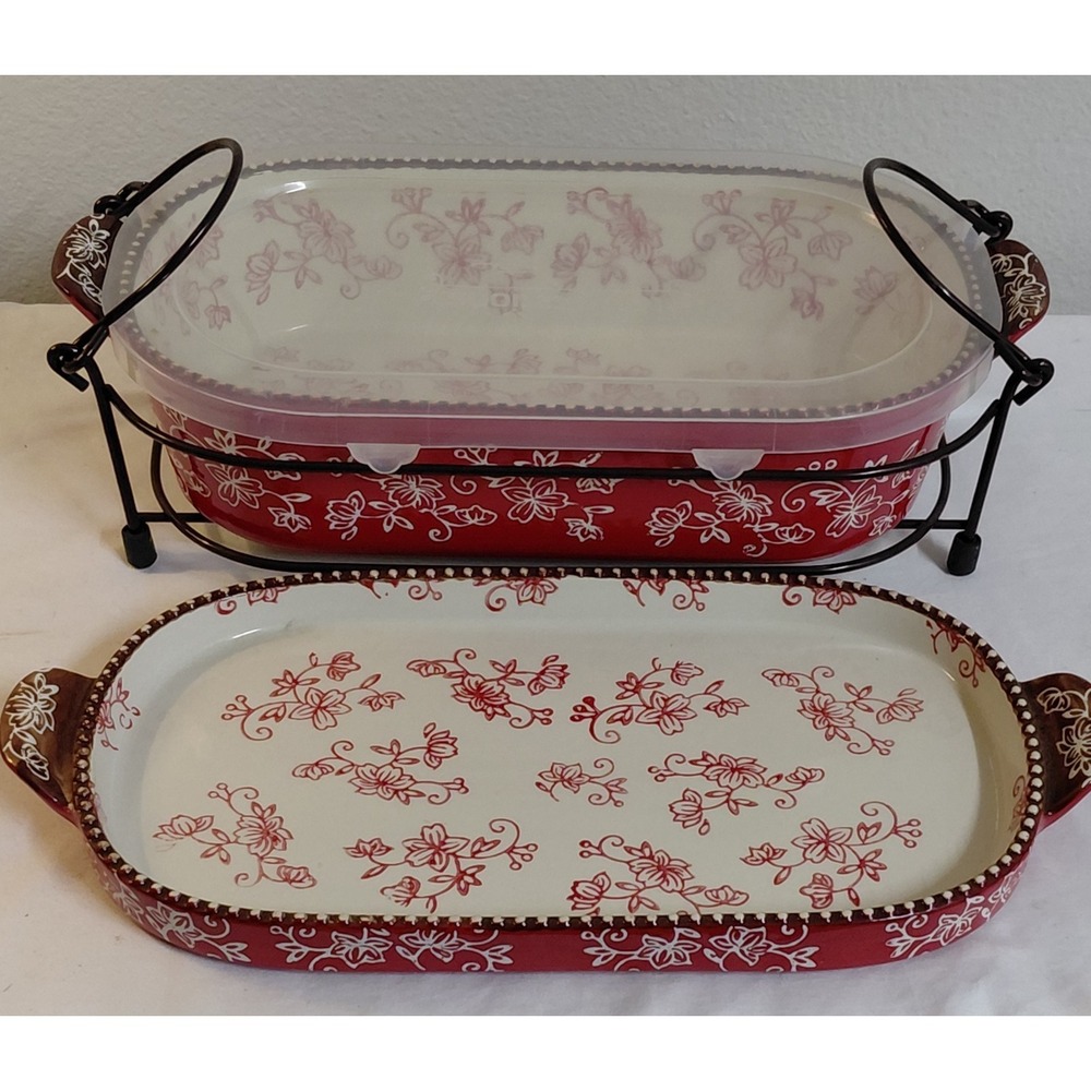 Temp-tations by Tara Floral Lace 2 Qt Baking Dish Set w Lid Tray Rack Red Floral - Picture 2 of 12
